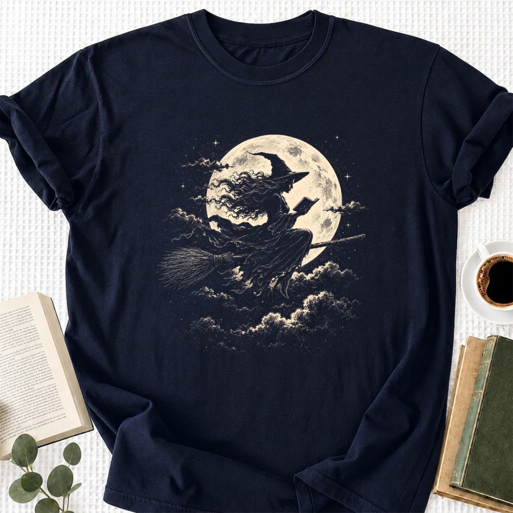 Reading Witch On The Flying Broom Printed T-Shirt | Halloween Book Lover Gift Navy
