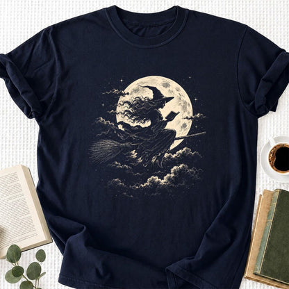 Reading Witch On The Flying Broom Printed T-Shirt | Halloween Book Lover Gift Navy