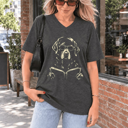 Labrador Retriever Reading Book Ultra-Soft V-Neck | Dog Mom Reader Gift Dark Grey Heather