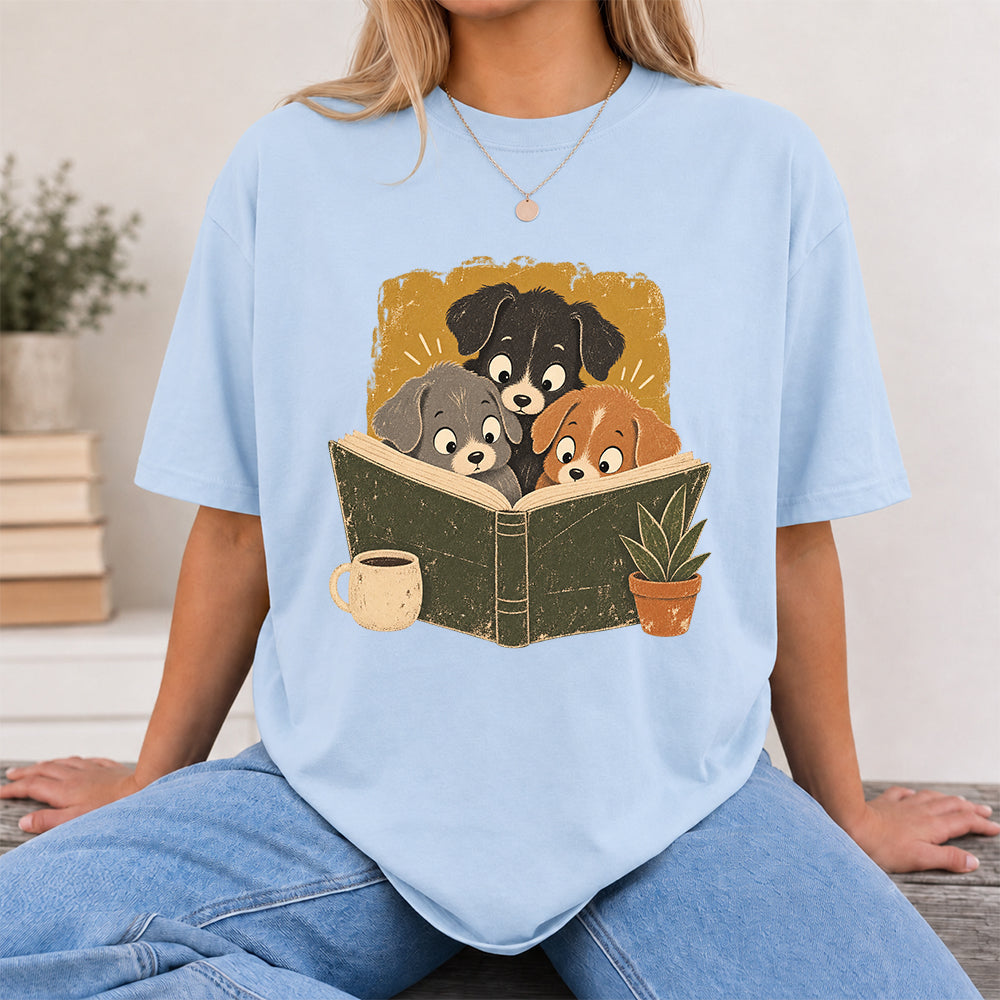 Minimal Japanese Dogs Reading Softstyle T-Shirt | Book Lover Gift Light Blue