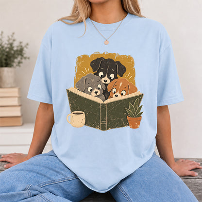Minimal Japanese Dogs Reading Softstyle T-Shirt | Book Lover Gift Light Blue