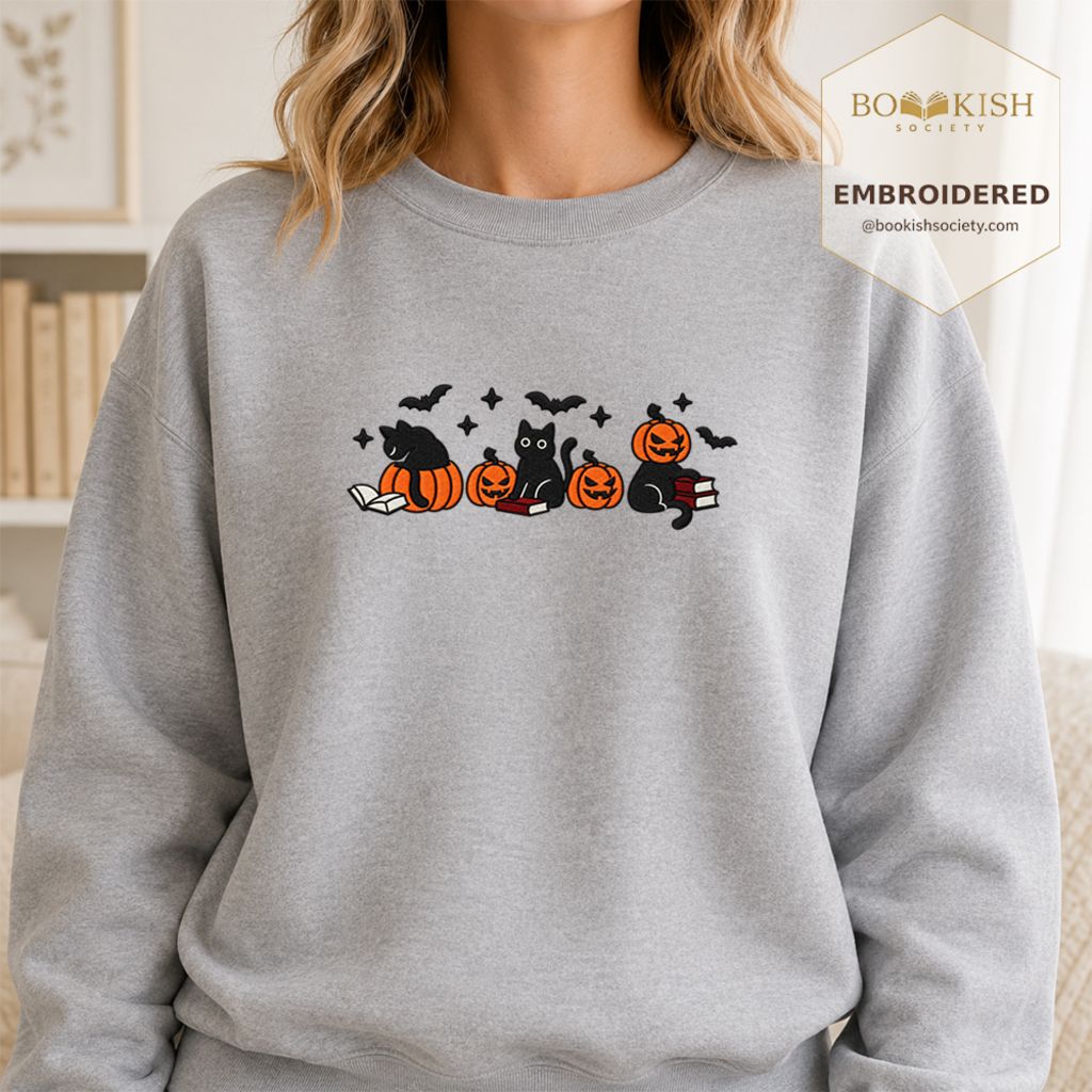 Black Cats And Halloween Embroidered Sweatshirt | Spooky Book Lover Gift Sport Grey