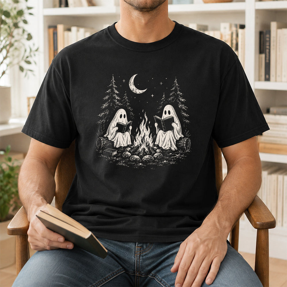 Camping Reading Ghosts Printed T-Shirt | Spooky Book Lover Gift Black