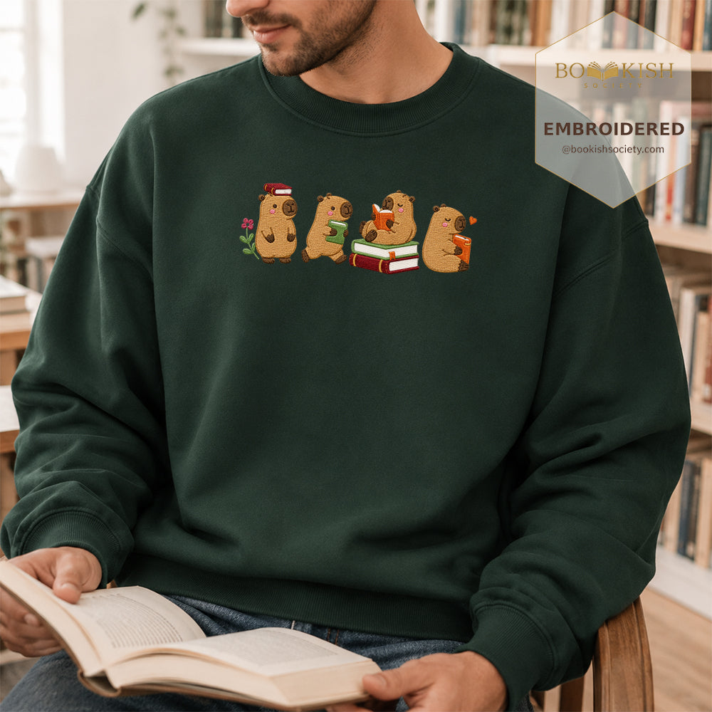 Reading Capybaras Embroidered Sweatshirt | Reader Gift Forest Green