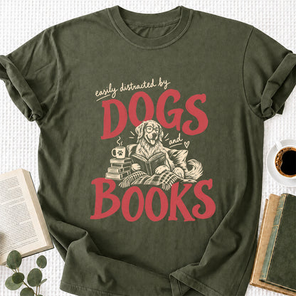 Easily Distracted By Dogs And Books Softstyle T-Shirt | Book Lover Gift Military Green