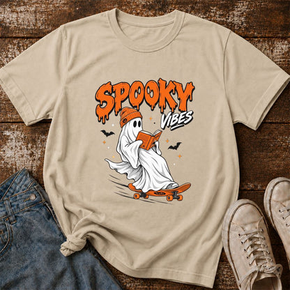 Spooky Vibes Printed T-Shirt | Halloween Book Lover Gift Sand