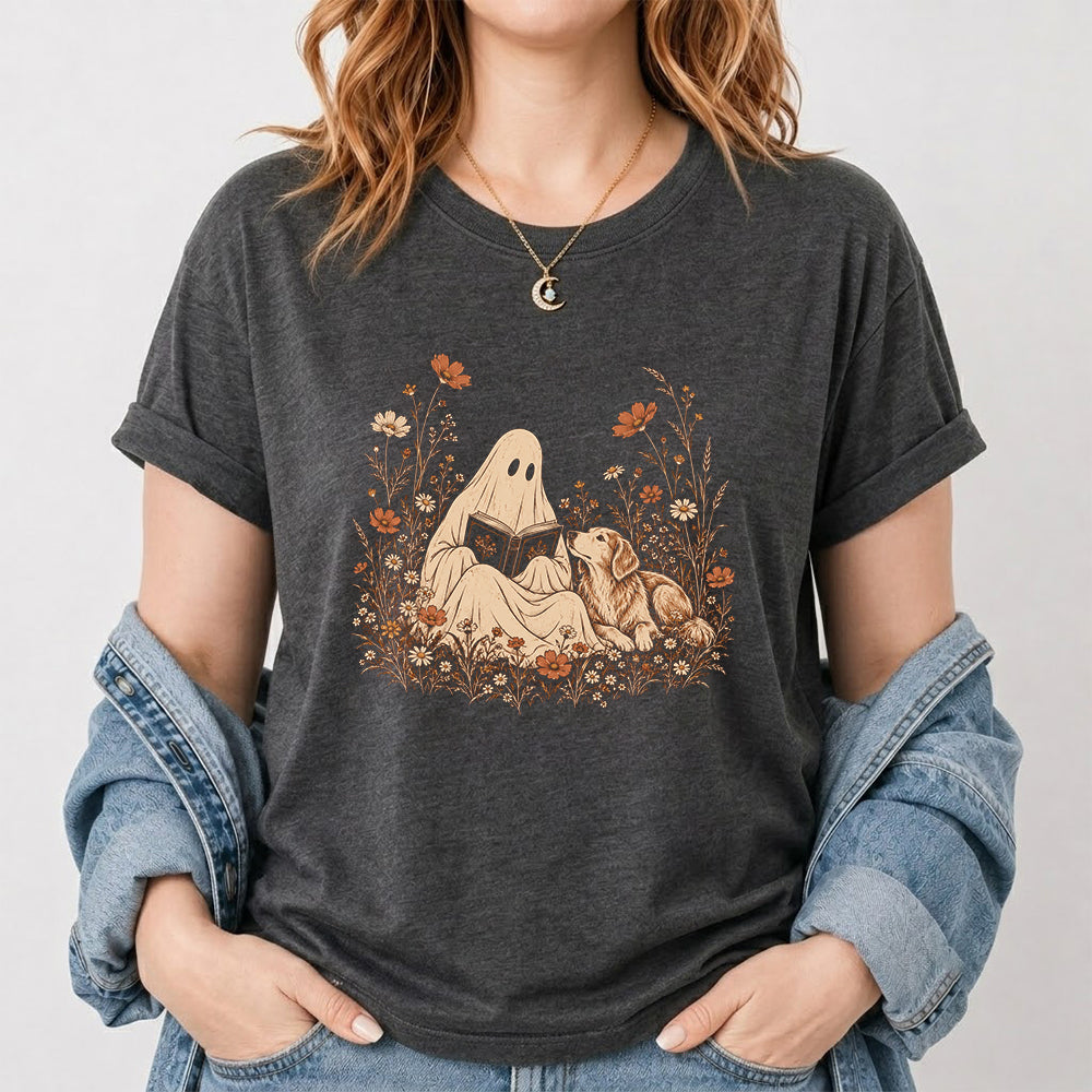Ghost Wildflowers With Book And Golden Retriever Printed T-Shirt | Halloween Dog Lover Gift Dark Heather