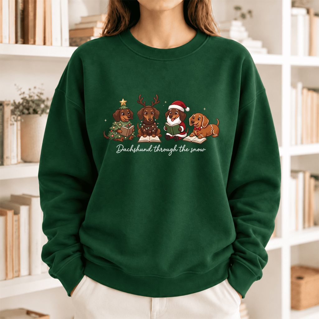 Dachshund Through The Snow Softstyle Sweatshirt | Christmas Book Lover Gift Forest Green