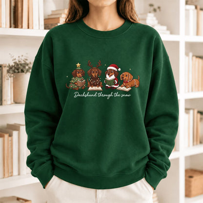 Dachshund Through The Snow Softstyle Sweatshirt | Christmas Book Lover Gift Forest Green