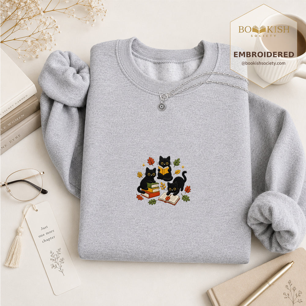 Cat Catching Leaves Embroidered Sweatshirt | Reader Gift Sport Grey
