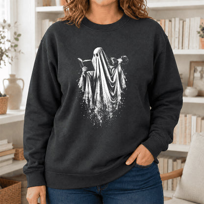 Reading Gym Ghost Printed Sweatshirt | Halloween Book Lover Gift Dark Heather