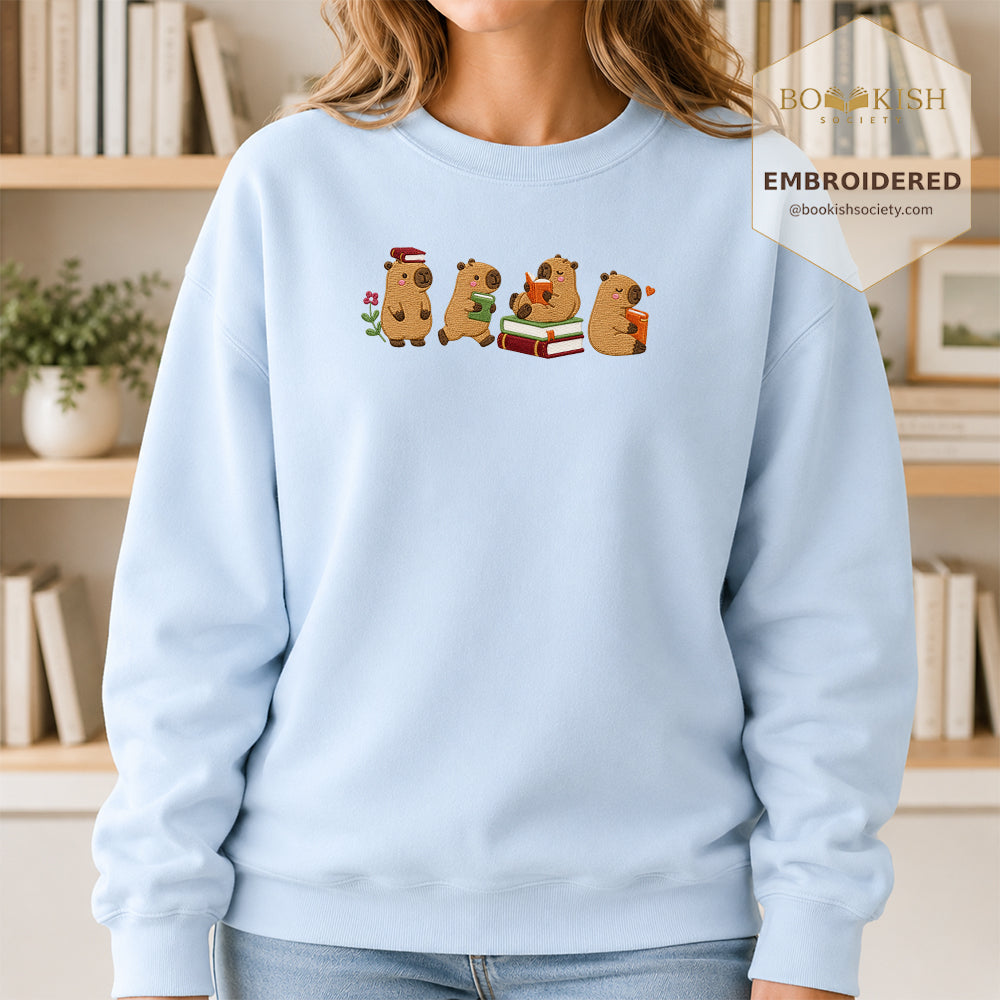 Reading Capybaras Embroidered Sweatshirt | Reader Gift Light Blue
