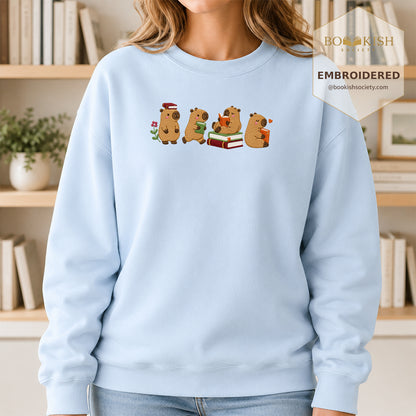 Reading Capybaras Embroidered Sweatshirt | Reader Gift Light Blue