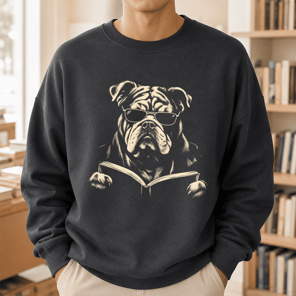 Bulldog Reading Book Crewneck Sweatshirt | Reader Gift Dark Heather