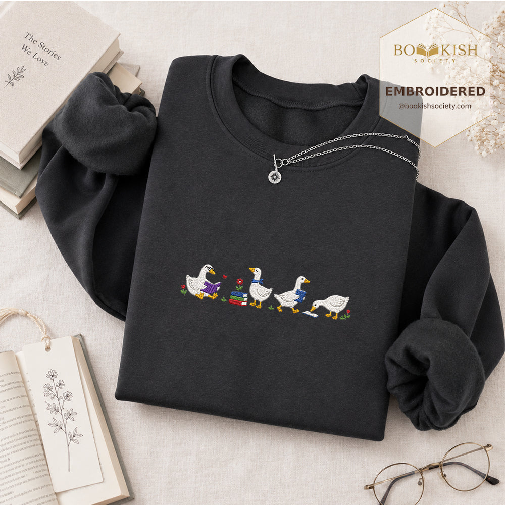 Four Reading Ducks Embroidered Sweatshirt | Reader Gift Dark Heather