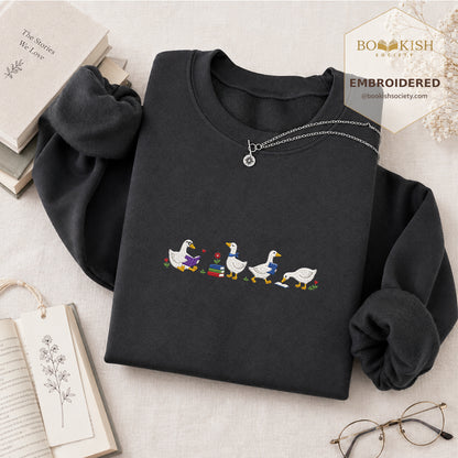 Four Reading Ducks Embroidered Sweatshirt | Reader Gift Dark Heather