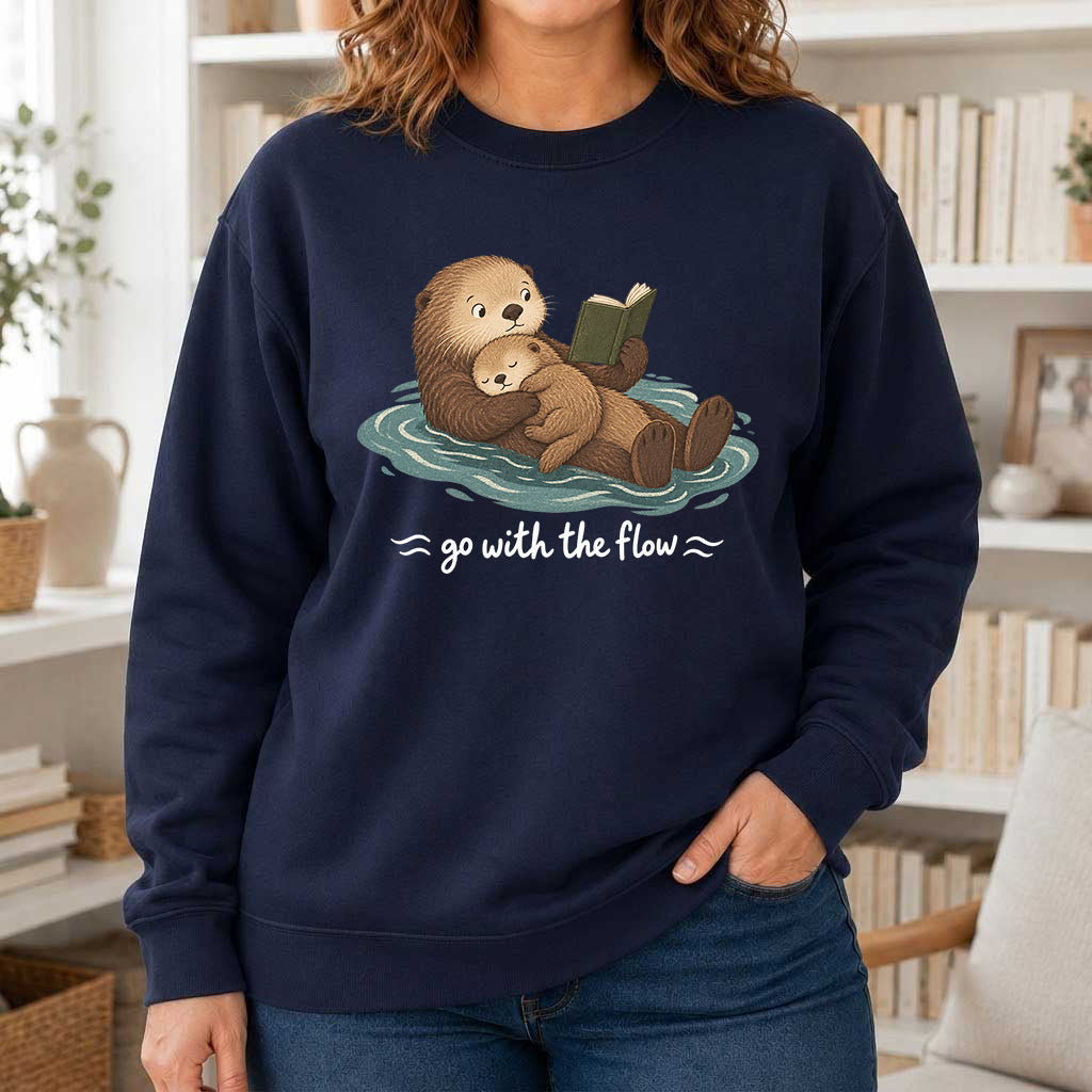 Go With The Flow Otter Reading Crewneck Sweatshirt | Reader Gift Navy