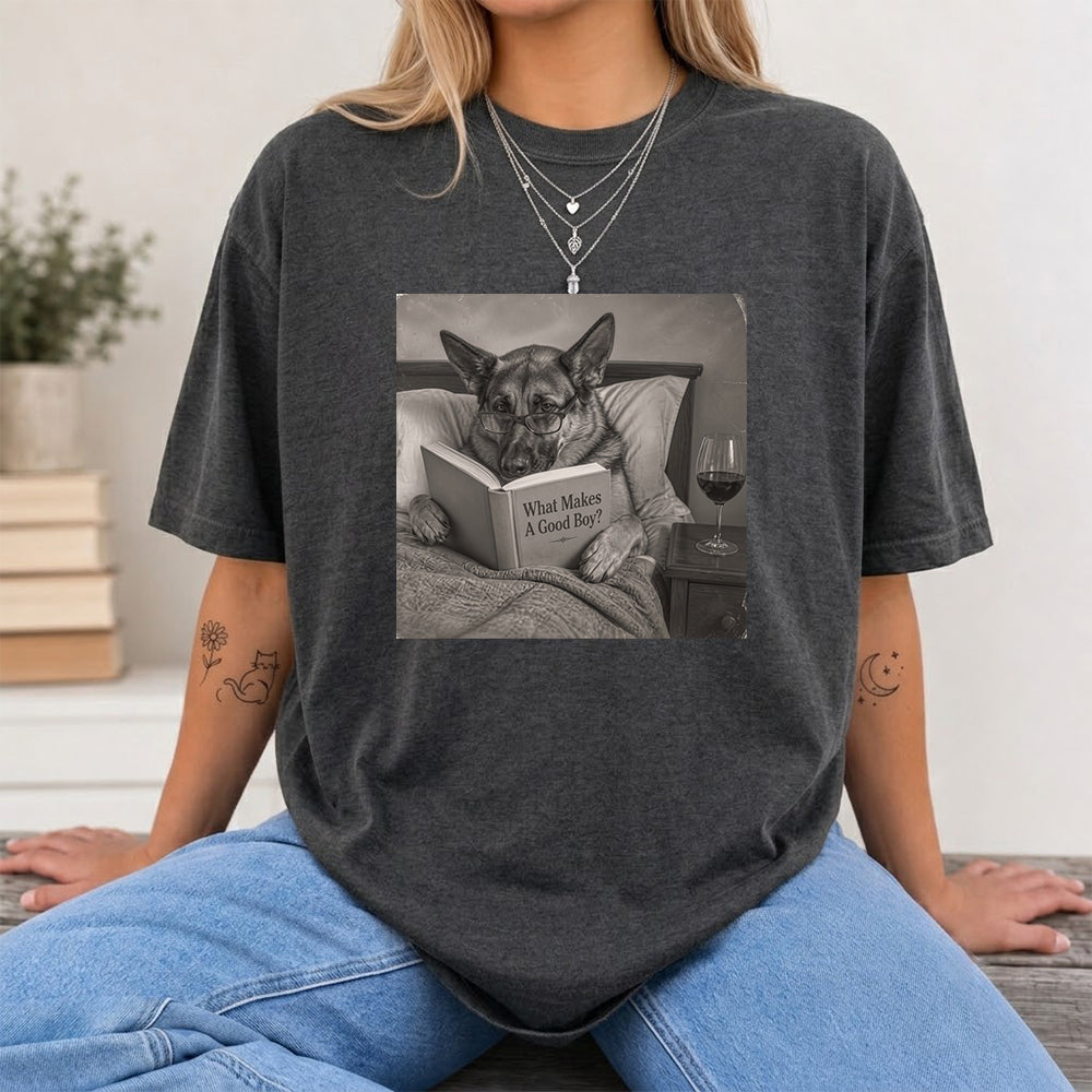 What Makes A Good Boy Printed T-Shirt | Cozy German Shepherd Mom Reader Gift Dark Heather