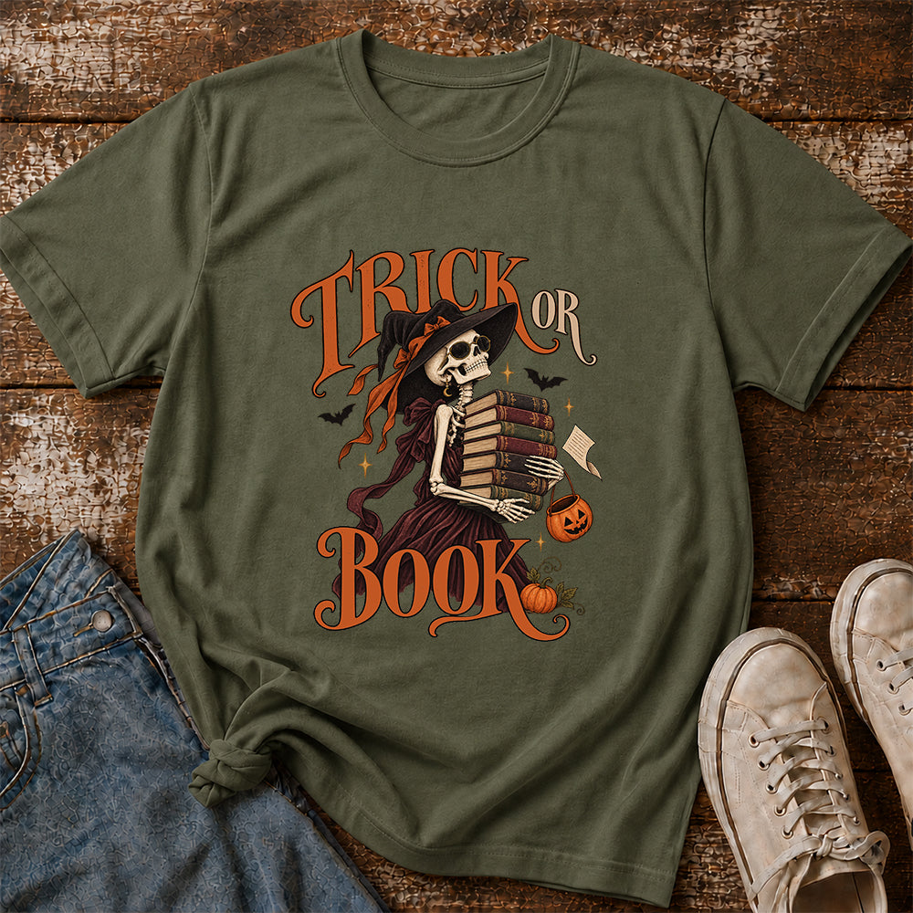 Trick Or Book Lady Printed T-Shirt | Halloween Book Lover Gift Military Green
