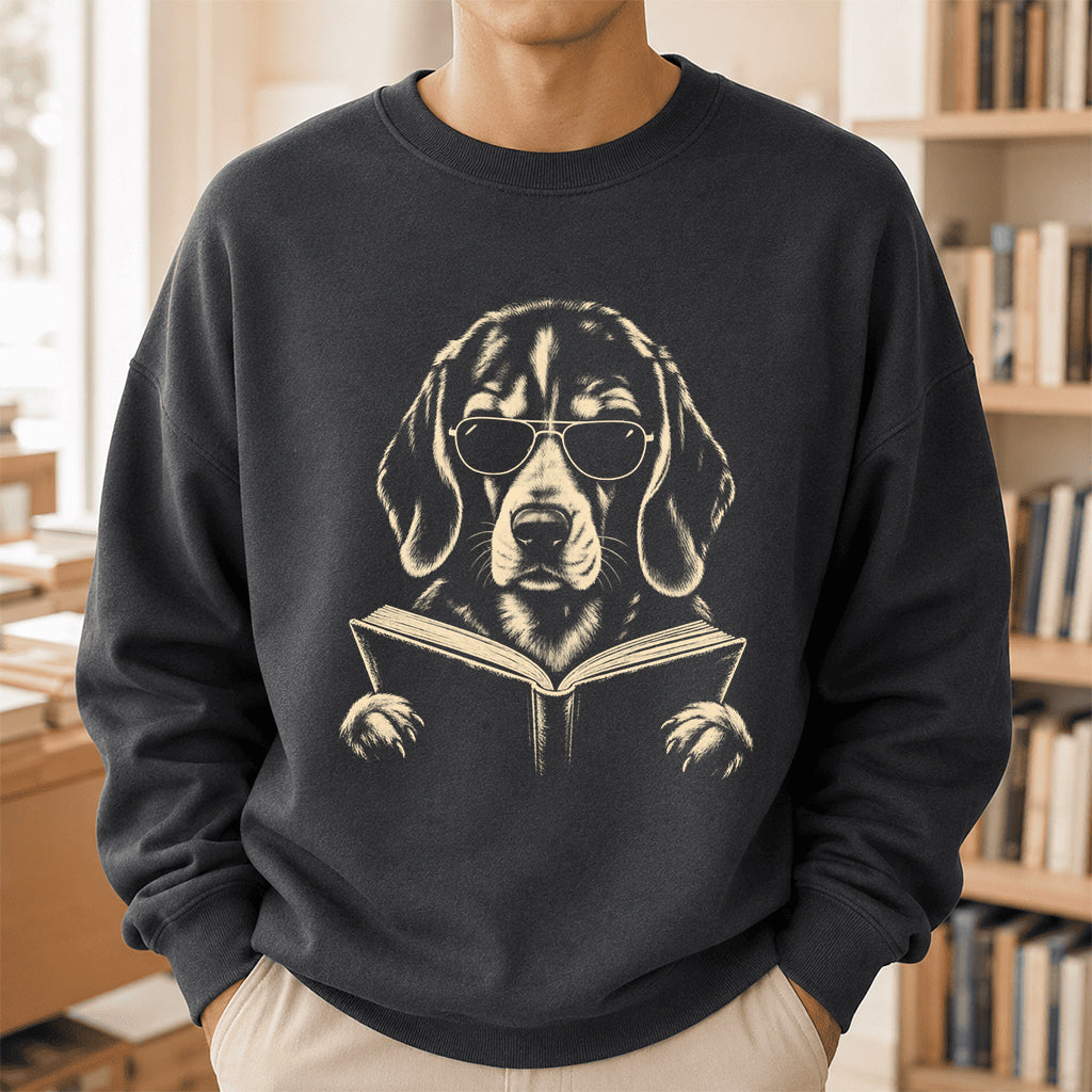 Beagle Reading Book Crewneck Sweatshirt | Reader Gift Dark Heather