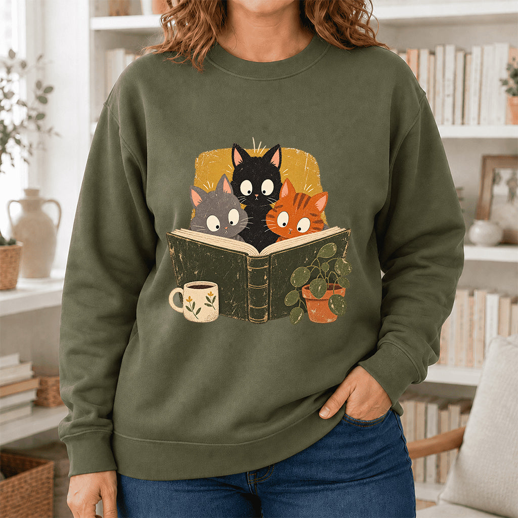 Minimal Japanese Cats Reading Crewneck Sweatshirt | Reader Gift Military Green
