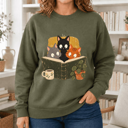 Minimal Japanese Cats Reading Crewneck Sweatshirt | Reader Gift Military Green