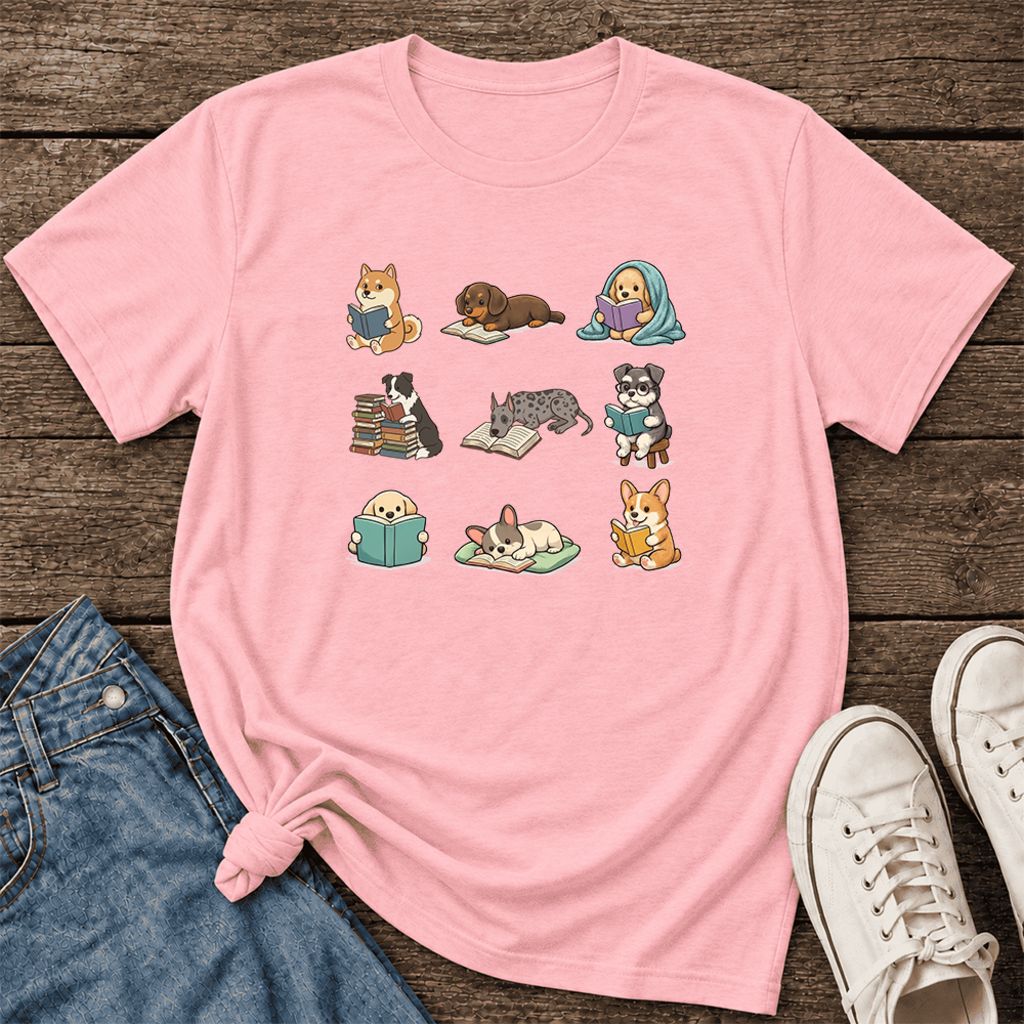 Funny Reading Dogs Ultra-Soft Cotton T-Shirt | Dog Mom Reader Gift Pink