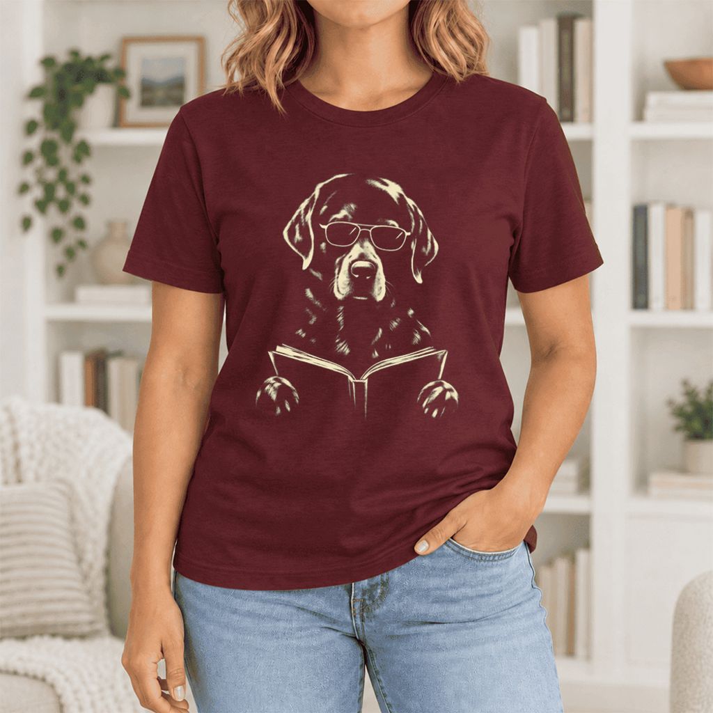 Labrador Retriever Reading Book Ultra-Soft Cotton T-Shirt | Dog Mom Reader Gift Maroon