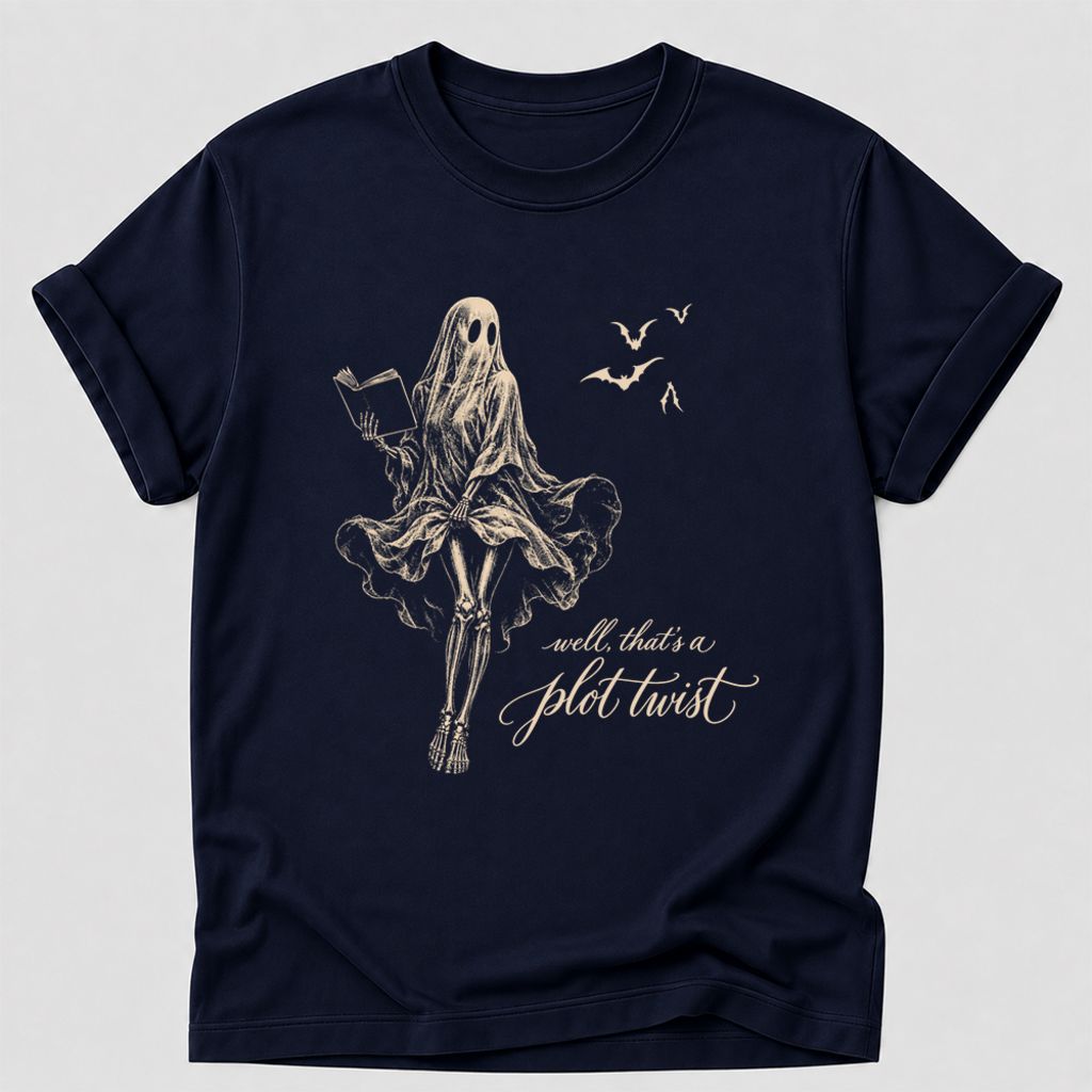 Funny Dress-Wearing Bookworm Ghost Printed T-Shirt | Halloween Book Lover Gift Navy
