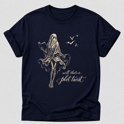 Funny Dress-Wearing Bookworm Ghost Printed T-Shirt | Halloween Book Lover Gift Navy