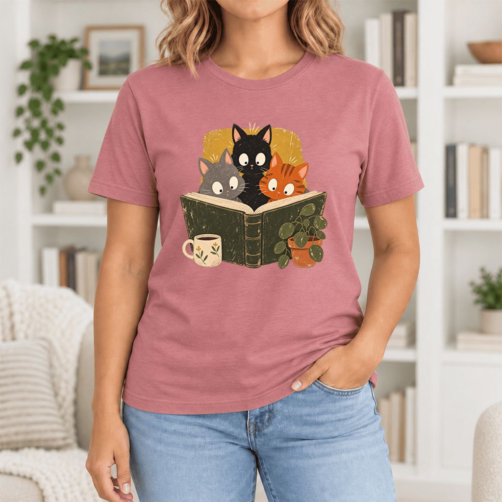 Curious Reading Cats Ultra-Soft Cotton T-Shirt | Cat Lover Reader Gift Mauve