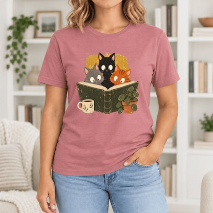 Curious Reading Cats Ultra-Soft Cotton T-Shirt | Cat Lover Reader Gift Mauve