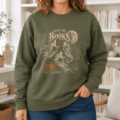 Give Me Books Printed Sweatshirt | Halloween Book Lover Gift Military Green