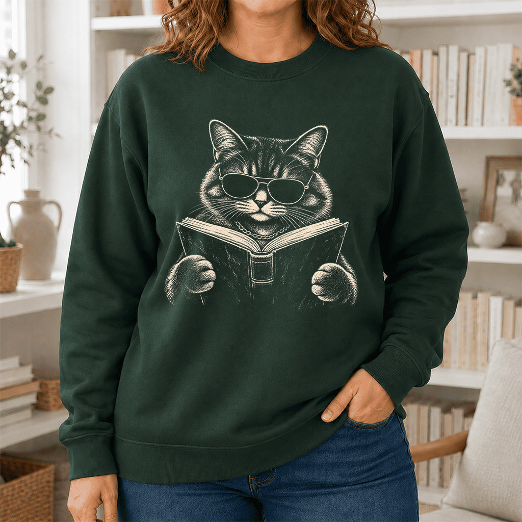 Cat Reading Book Crewneck Sweatshirt | Reader Gift Forest Green