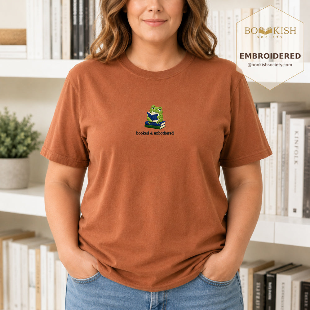 Booked and Unbothered Embroidered Comfort Color® T-shirt | Book Lover Gift Yam