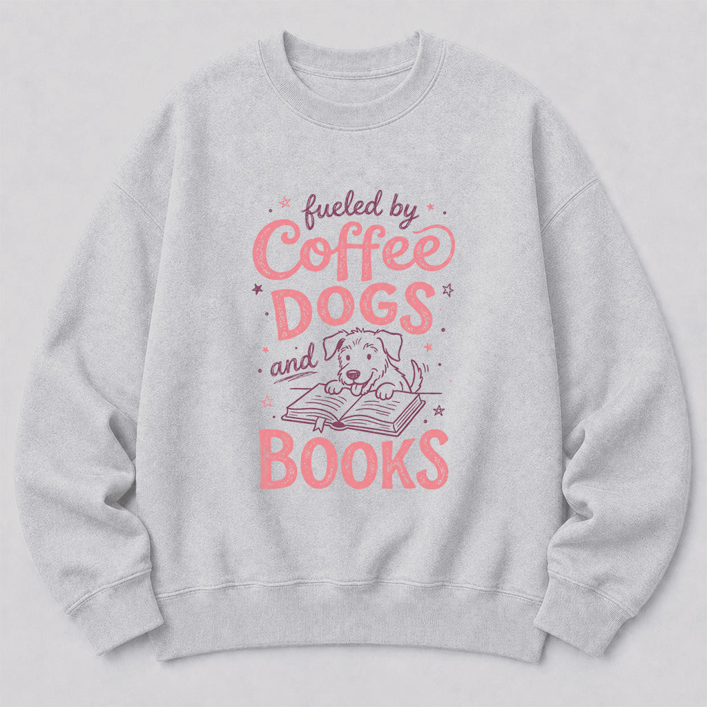 Fueled By Coffee, Dogs and Books Crewneck Sweatshirt | Coffee & Dog Lover, Reader Gift Sport Grey