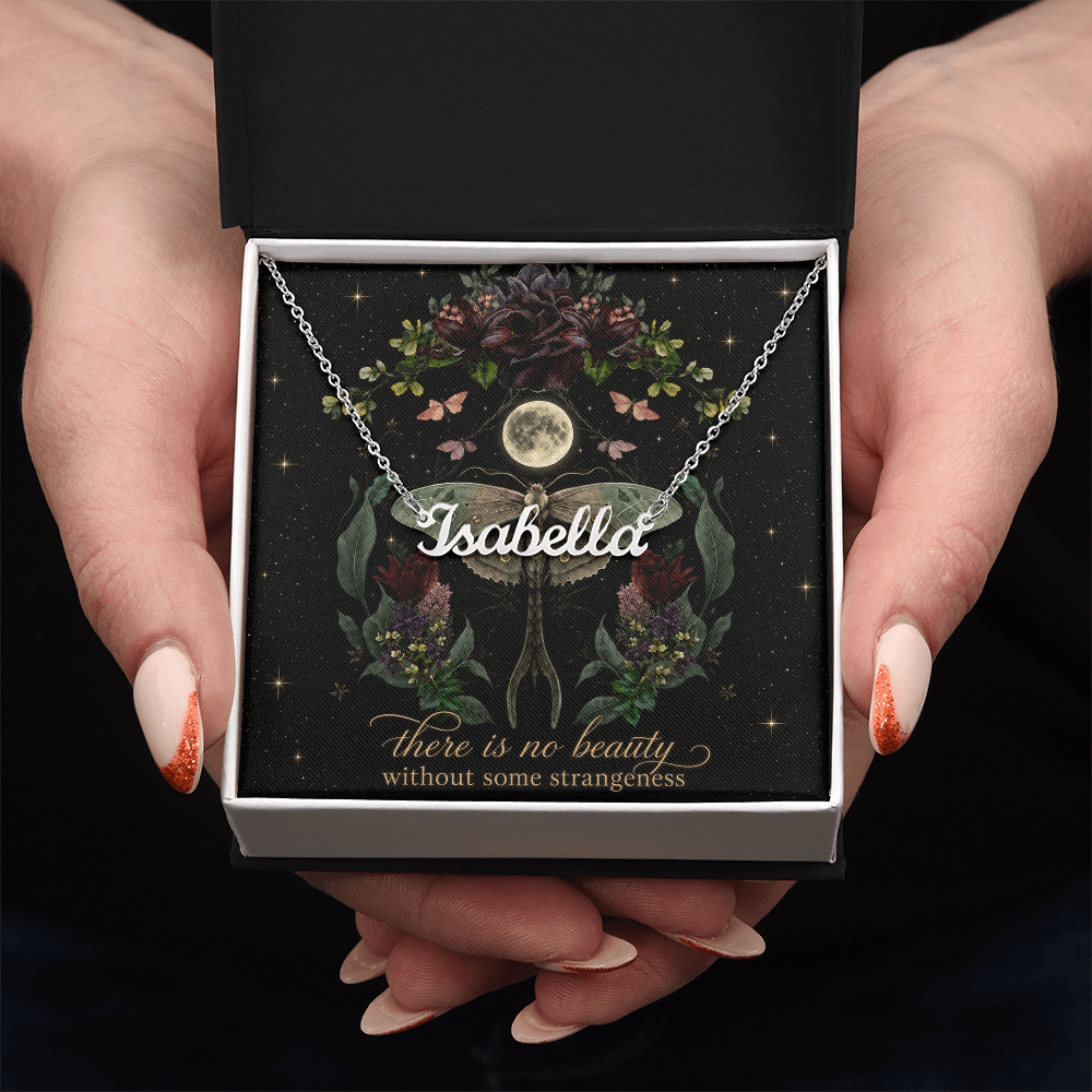 Night Garden With Lunar Moth Custom Name Polished Stainless Steel Necklace With Decorative Card And Box Book Lover Gift Font 1