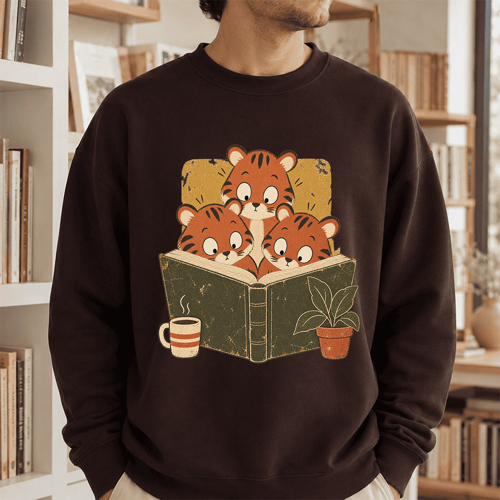 Minimal Japanese Tigers Reading Crewneck Sweatshirt | Reader Gift Dark Chocolate