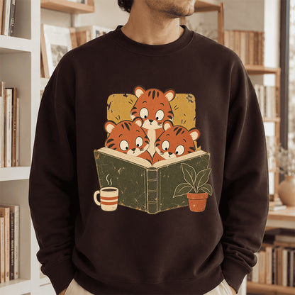 Minimal Japanese Tigers Reading Crewneck Sweatshirt | Reader Gift Dark Chocolate