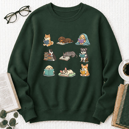 Funny Dogs Reading Crewneck Sweatshirt | Reader Gift Forest Green
