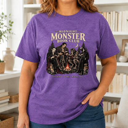 Midnight Monster Book Club Printed T-Shirt | Halloween Book Lover Gift Heather Purple