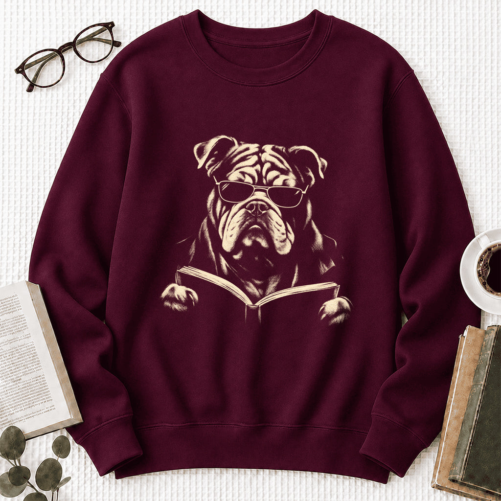 Bulldog Reading Book Crewneck Sweatshirt | Reader Gift Maroon
