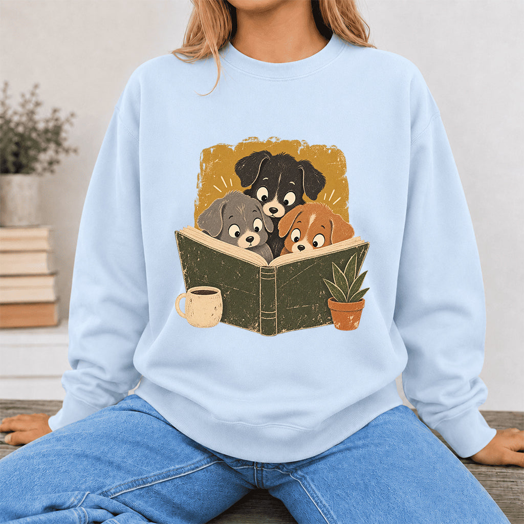 Minimal Japanese Dogs Reading Crewneck Sweatshirt | Reader Gift Light Blue