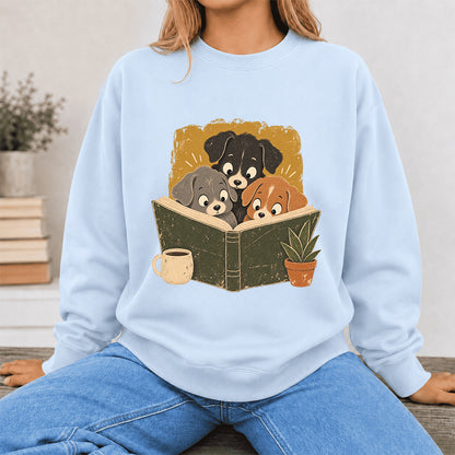 Minimal Japanese Dogs Reading Crewneck Sweatshirt | Reader Gift Light Blue
