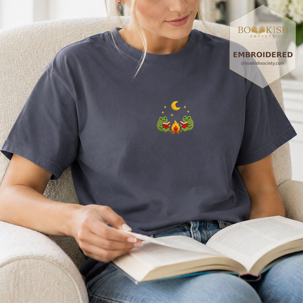 Embroidered Frog Campfire Comfort Color® T-shirt Book Lover Gift Navy