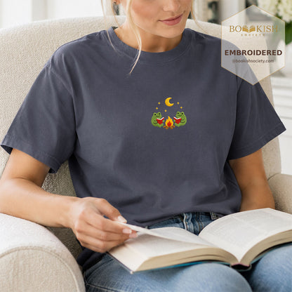 Embroidered Frog Campfire Comfort Color® T-shirt Book Lover Gift Navy