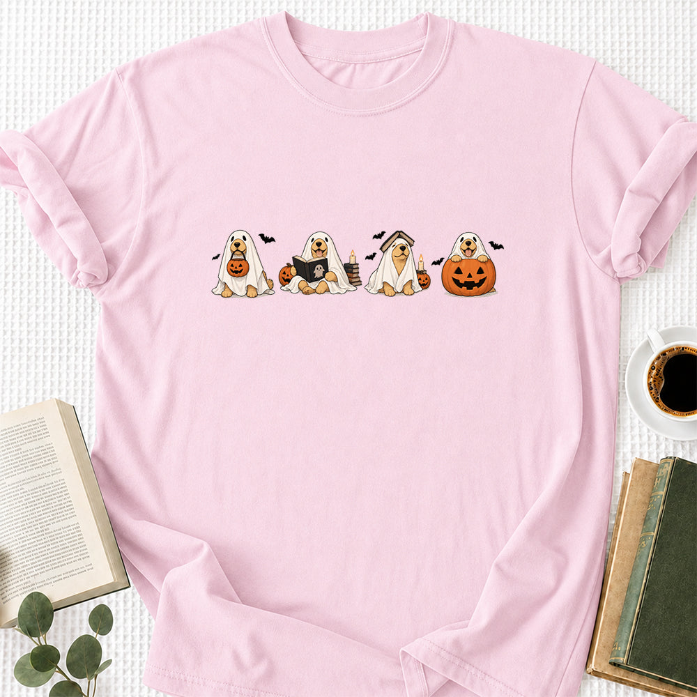 Spooky Golden Retrievers Book Club Printed T-Shirt | Halloween Book Lover Gift Light Pink