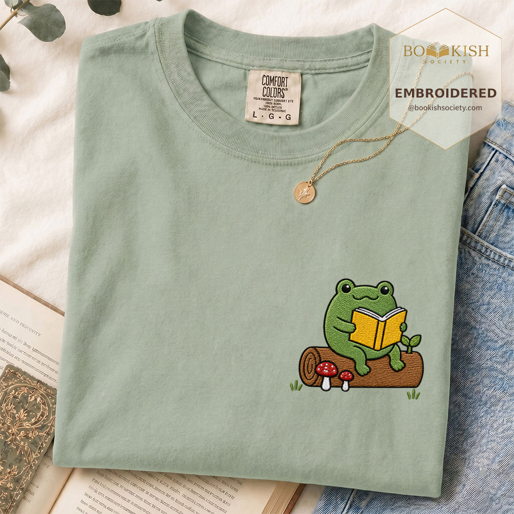 Embroidered Frog on Log Reading Book Comfort Color® T-shirt Book Lover Gift Bay