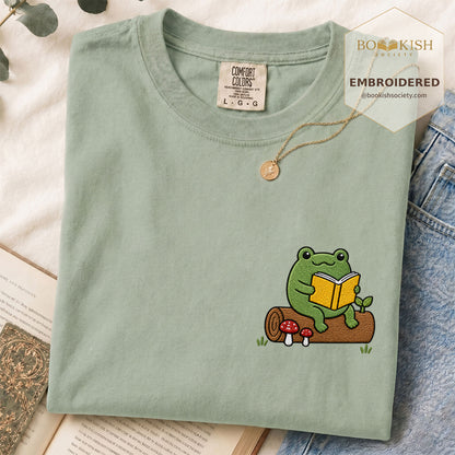 Embroidered Frog on Log Reading Book Comfort Color® T-shirt Book Lover Gift Bay