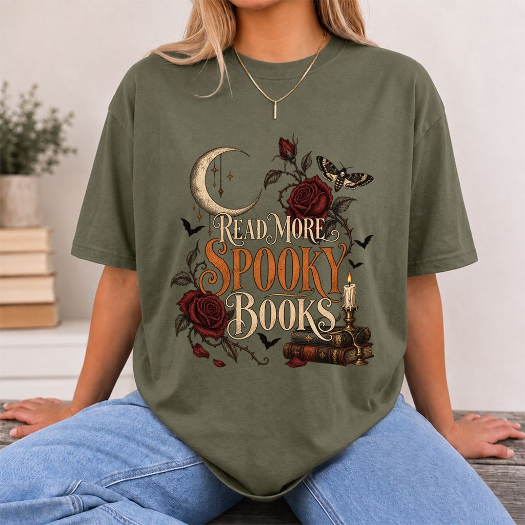 Read More Spooky Books Printed T-Shirt | Halloween Book Lover Gift Military Green
